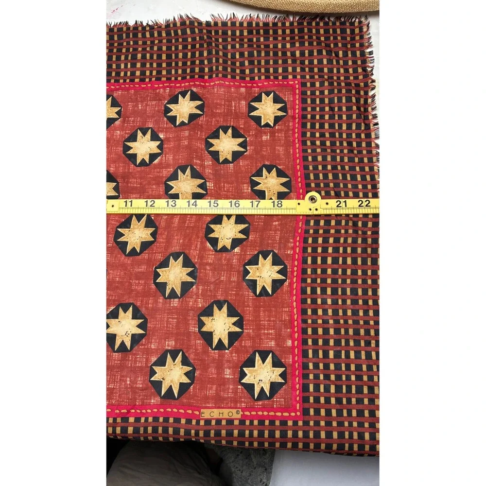 Echo Square Scarf Star Checkered Rust Black Gold Eyelash Fringe 22in